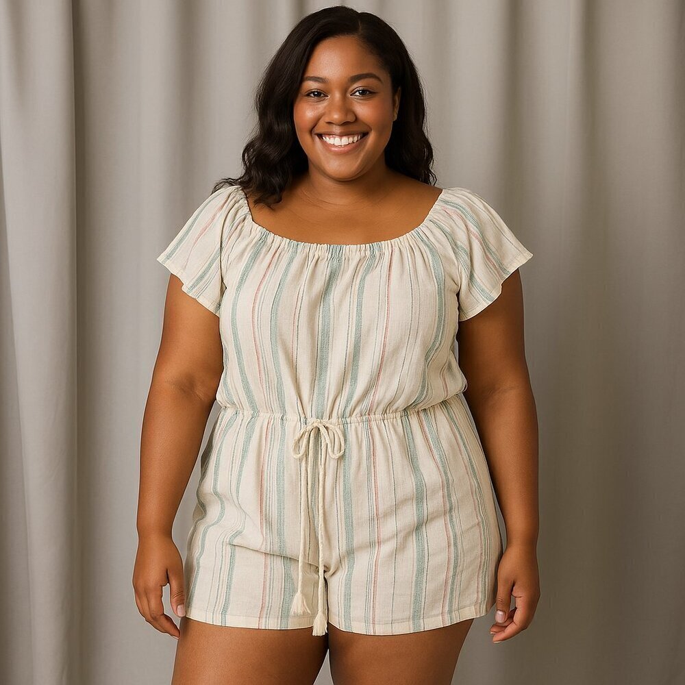 Bebop Linen Blend Romper Striped Off Shoulder Casual Summer Beachwear XL NWT
